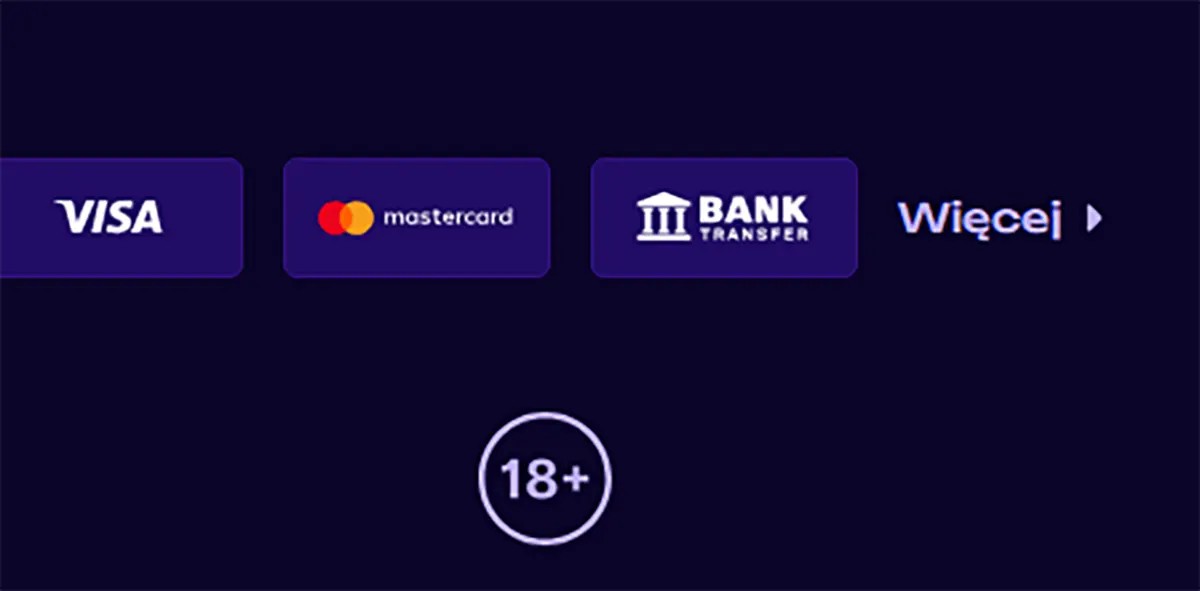 Payment methods section showing Visa, Mastercard, and bank transfer options with a “Więcej” (more) button and an 18+ age restriction icon on a dark background
