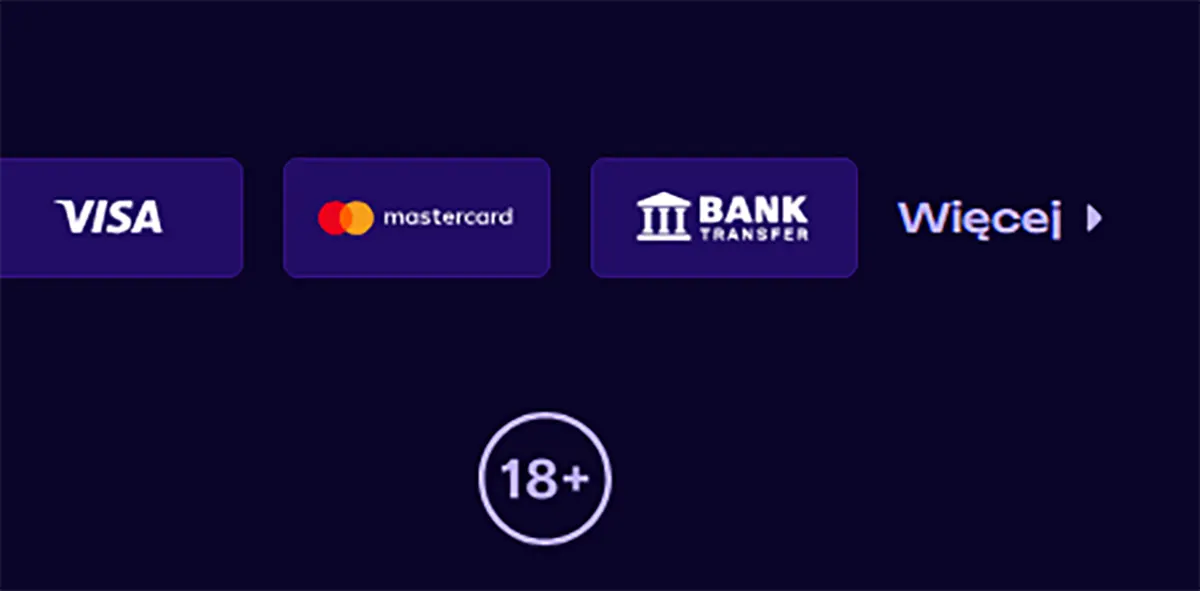 Payment methods section showing Visa, Mastercard, and bank transfer options with a “Więcej” (more) button and an 18+ age restriction icon on a dark background