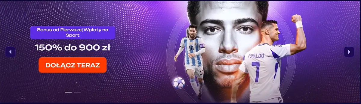 Polish sports welcome bonus banner showing 150% up to 900 zł with football players and a “Dołącz teraz” (join now) call-to-action on a purple themed background