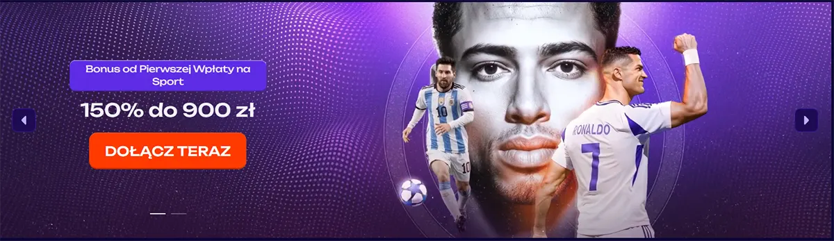 Polish sports welcome bonus banner showing 150% up to 900 zł with football players and a “Dołącz teraz” (join now) call-to-action on a purple themed background