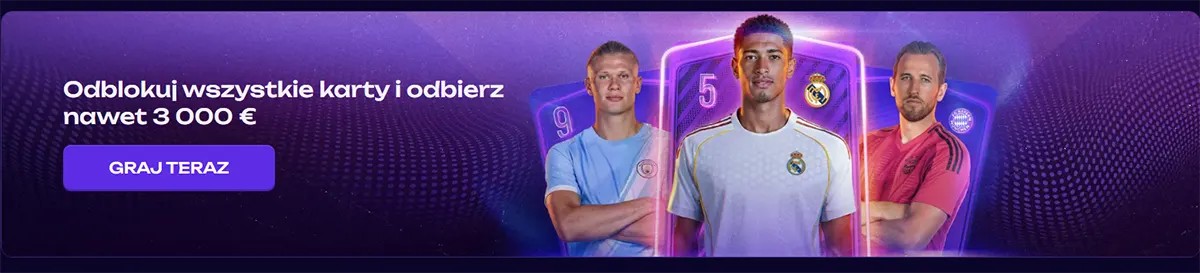 Polish promotional banner featuring football players and collectible cards with a call to action to unlock all cards and win up to €3,000 on a purple themed background