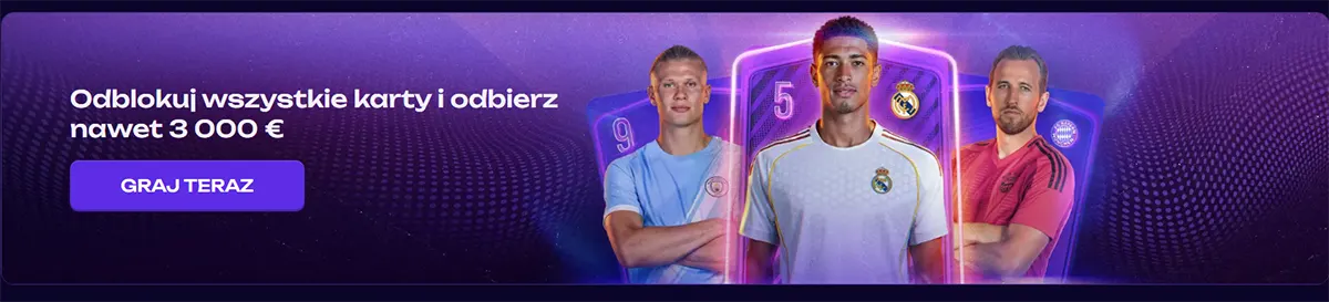Polish promotional banner featuring football players and collectible cards with a call to action to unlock all cards and win up to €3,000 on a purple themed background