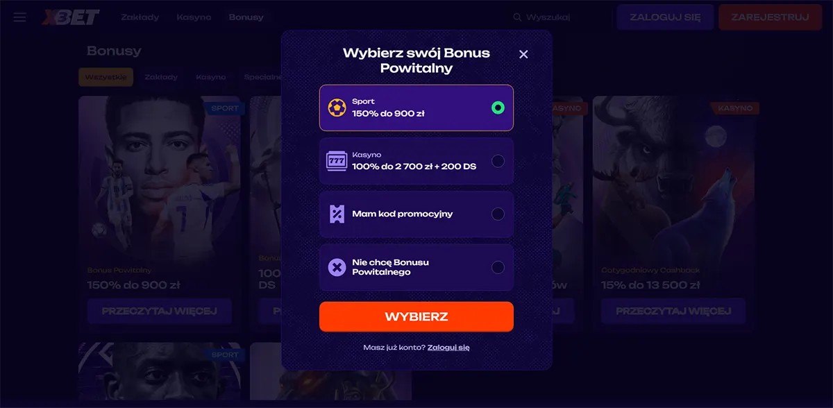 Polish welcome bonus selection popup showing options for sports bonus 150% up to 900 zł, casino bonus 100% up to 2,700 zł with 200 free spins, promo code entry, and no welcome bonus choice on a dark themed betting website