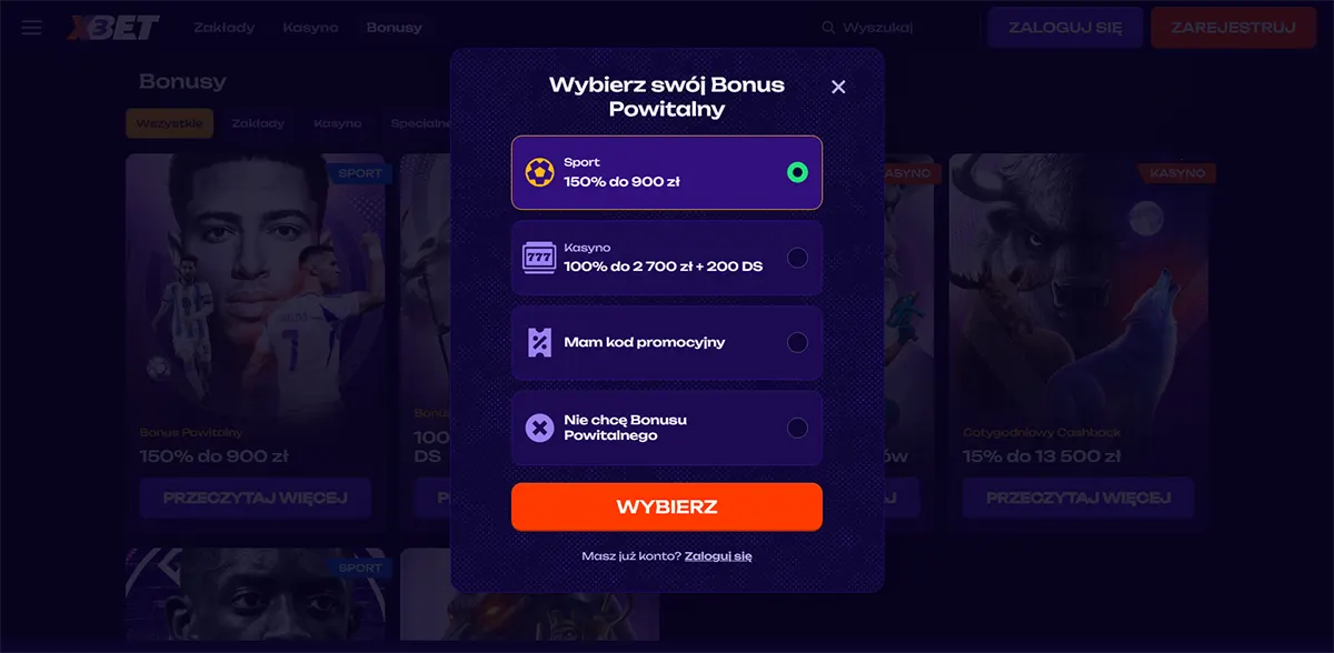 Polish welcome bonus selection popup showing options for sports bonus 150% up to 900 zł, casino bonus 100% up to 2,700 zł with 200 free spins, promo code entry, and no welcome bonus choice on a dark themed betting website
